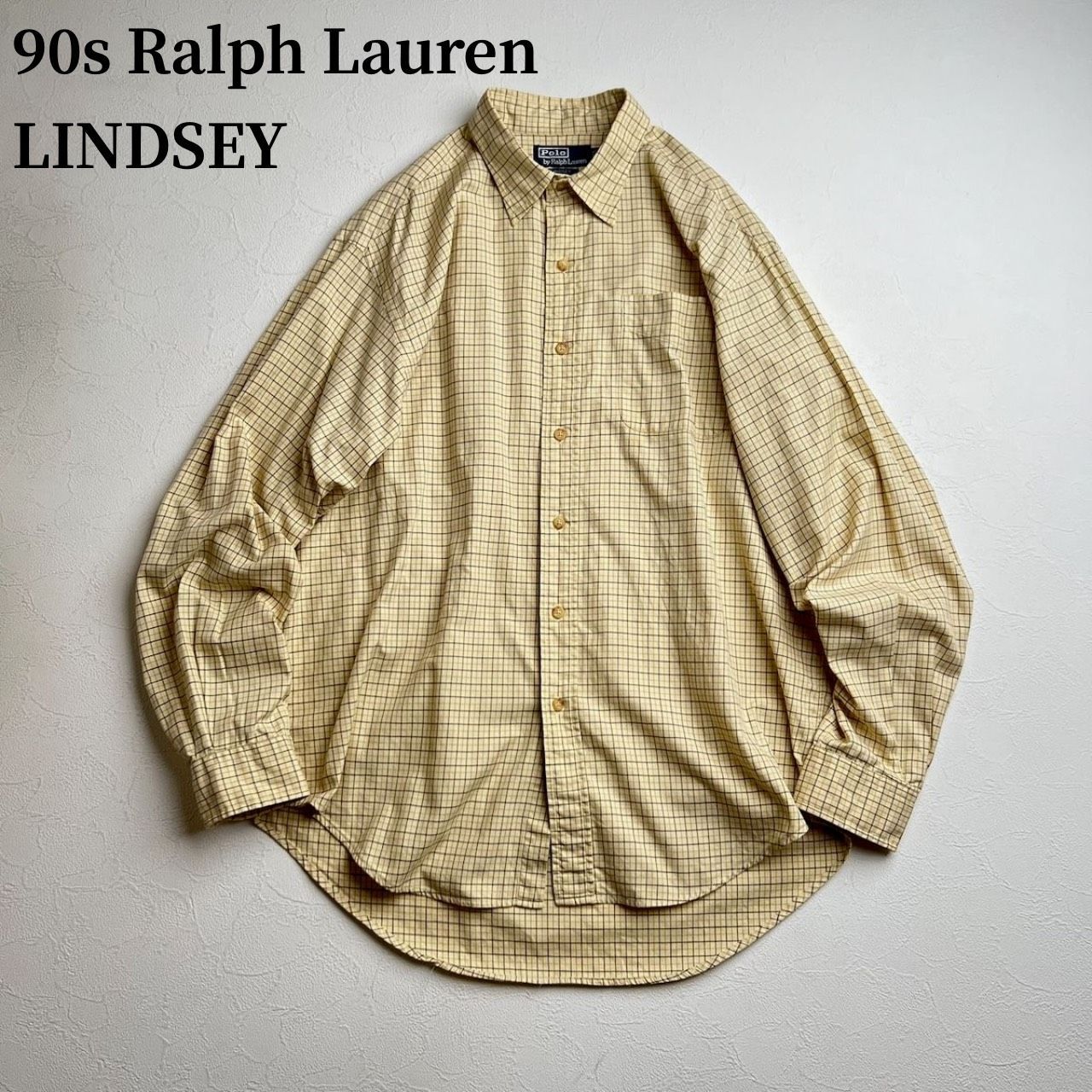 90s Ralph Lauren LINDSEY　胸ポケット　チェック　長袖シャツ　ラルフローレン　クリーム　L 古着