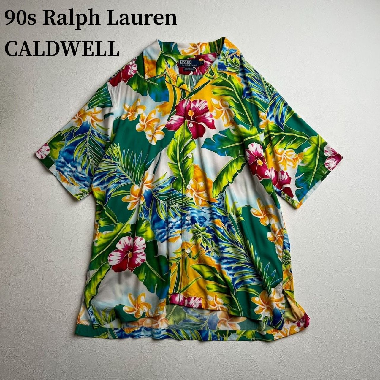 90s Ralph Lauren CALDWELL　アロハシャツ　花柄　総柄　開襟　半袖シャツ　ラルフローレン　グリーン　L 古着