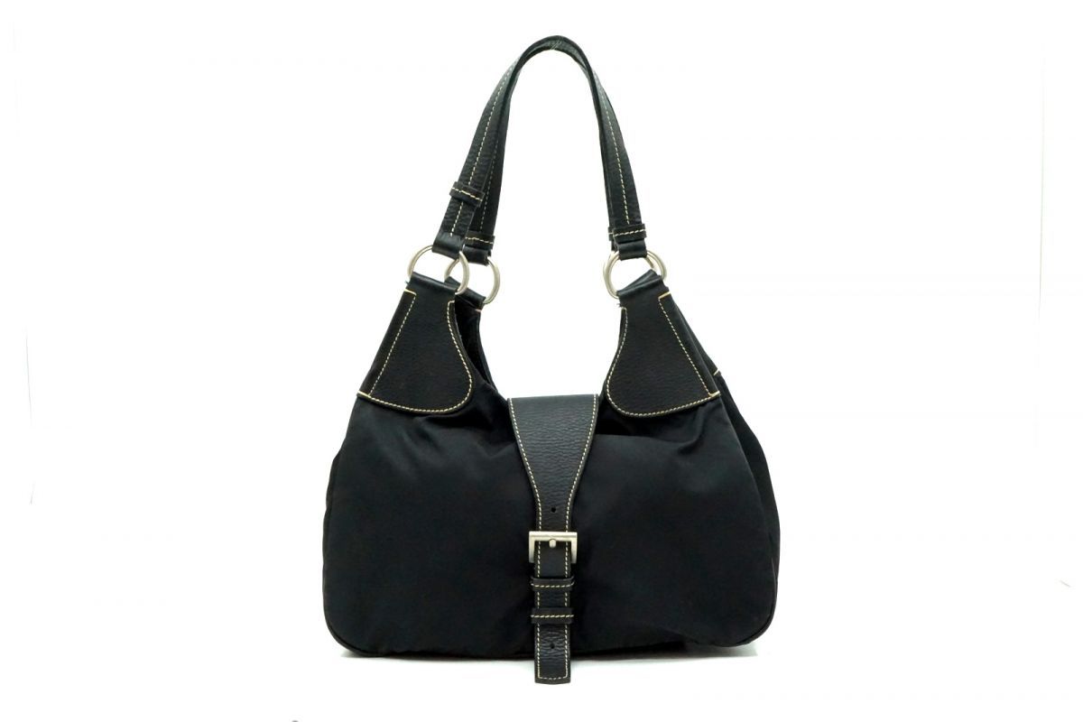 プラダ ホーボー ショルダー バッグ トート ハーフムーン 三角ロゴプレート シルバー金具 ナイロン 黒 ブラック PRADA 6923h