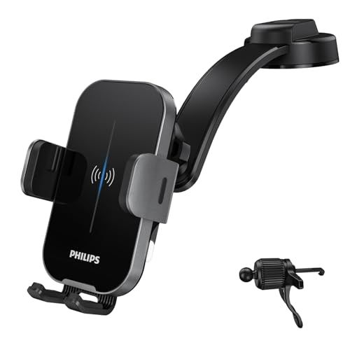 R◆Philips (フィリップス) 車載ワイヤレス充電器 コイル自動検知 Qiワイヤレス充電 自動開閉 15W急速充電 車載スマホホルダー 自由調整 360度回転 片手操作 車用ホルダー 吸盤 エアコン吹き出し口 カー用品 iPhone/A 6283e970