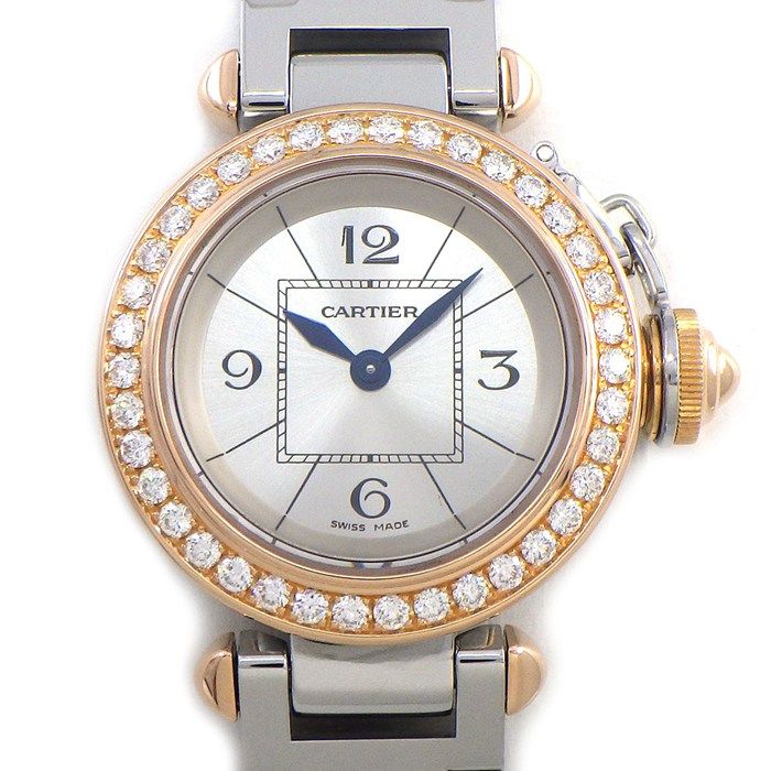 カルティエ Cartier 腕時計 ミスパシャ WJ124021 ダイヤベゼル シルバーサンレイ文字盤 K18PG SS クオーツアナログ 【中古】