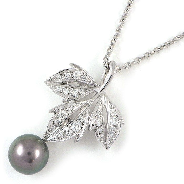 ミキモト MIKIMOTO ネックレス 兼 ブローチ リーフモチーフ 1ポイント 黒蝶真珠 9mm珠 ダイヤモンド 計0.29ct K18WG 【中古】