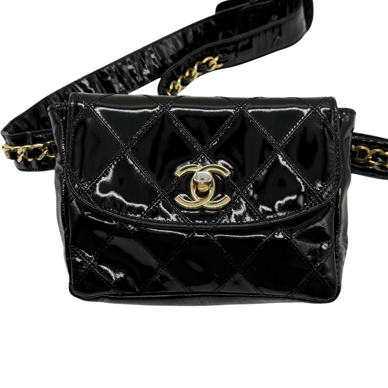 CHANEL　シャネル　ウエストポーチ　ベルトバッグ　ウエストバッグ　ボディバッグ　ベルトポーチ　ショルダーバッグ　マトラッセ　ビコローレ　パテントレザー　エナメル　ブラック　ターンロック　ココマーク　レディース　ヴィンテージ　ブランド　ハイブランド　5126