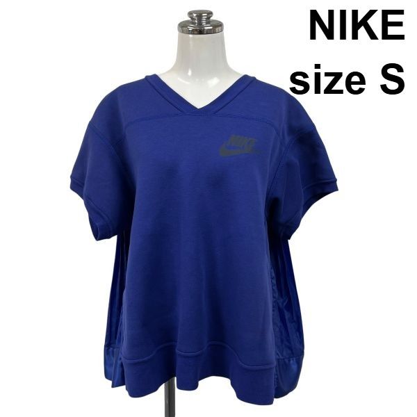 ◇ ナイキ NIKE 半袖スウェット 半袖 Vネック バックプリーツ 異素材 フレアシルエット ブルー 綿 S 7号 レディース S6F627