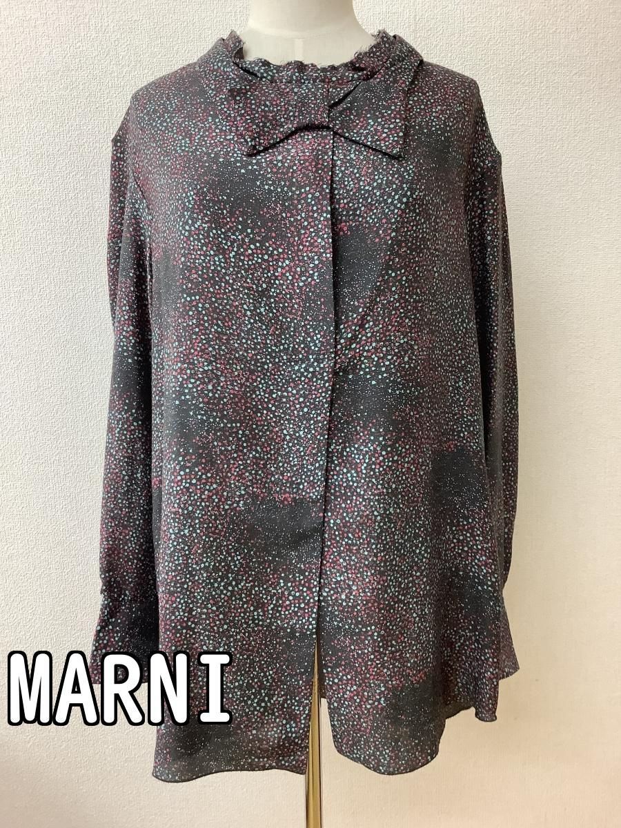 マルニ (MARNI) 絹と綿のブラウス 茶色にピンクや水色の柄 サイズ38