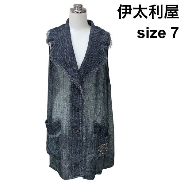 □ イタリヤ 伊太利屋 GK.COLLECTION シアーベスト テーラードカラー ノースリーブ 前スナップ トップス ネイビー 7 M レディース Z6C322