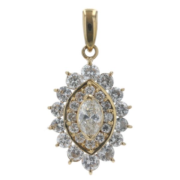 K18YG イエローゴールド ネックレストップ ダイヤモンド 1.05ct 二重取り巻き リーフ 葉 マーキス デザイン【新品仕上済】【zz】【中古】