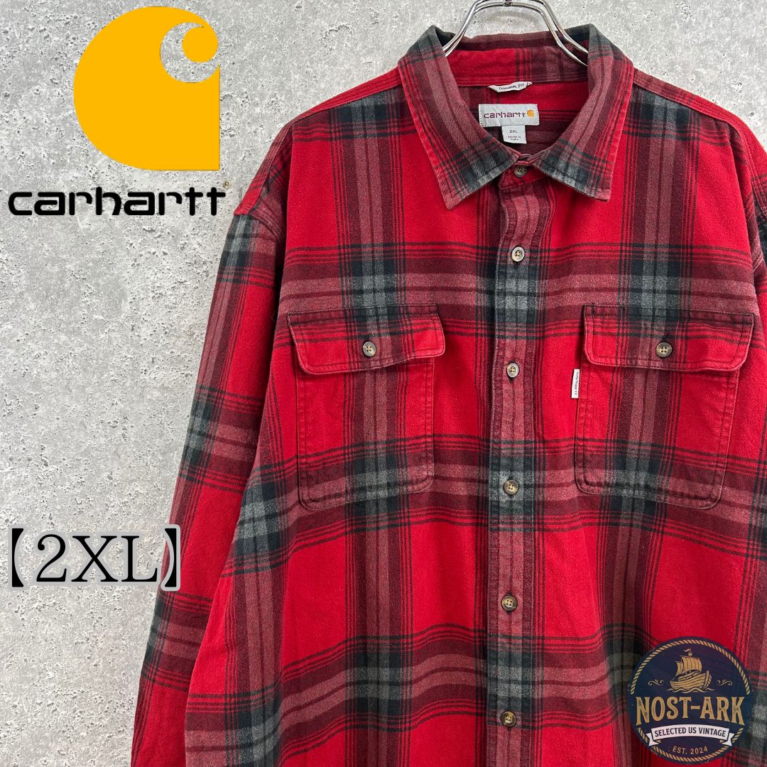 T61【Carhartt】レッド チェック 長袖 ワークシャツ ネルシャツ〔2XL〕