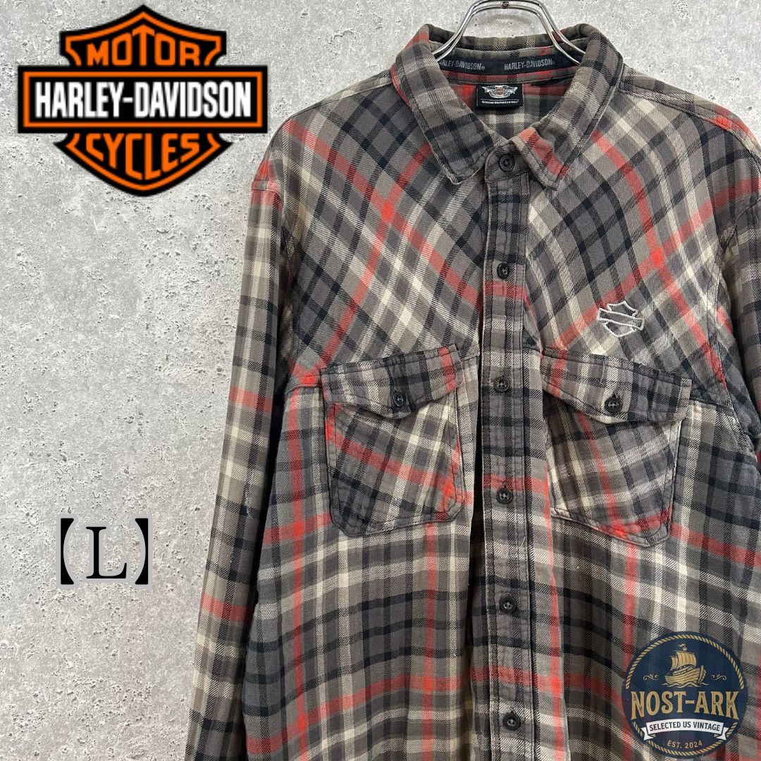 T62【Harley-Davidson】チェック 長袖 ネルシャツ ロゴ刺繍 襤褸〔L-XL相当〕