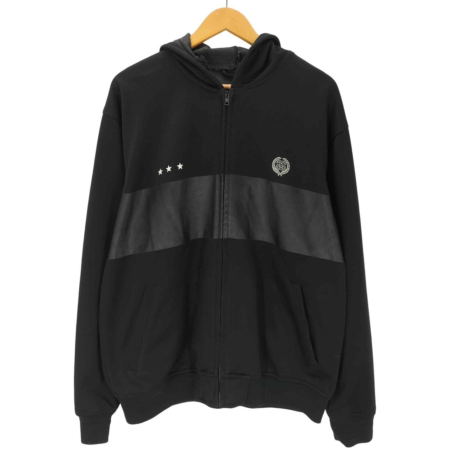ステューシー Stussy 90S 紺タグ OLD SSリンク エンブレム パネル スイッチング スポーツ ブラック ジップ フーディー パーカー メンズ import：L