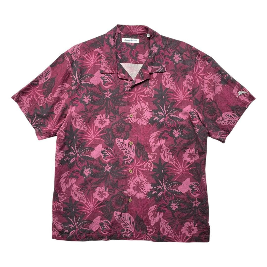 USA 古着 Tommy Bahama トミーバハマ シルク 開襟 フロント合わせ アロハシャツ ハワイアンシャツ キャンプシャツ 花柄 総柄 メンズL パープル BF4129