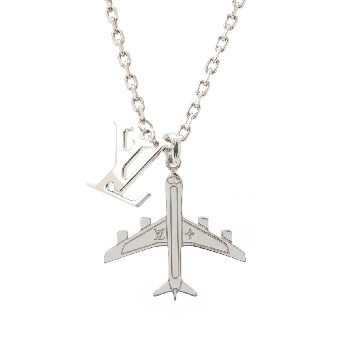 ルイヴィトン モノグラム LVプレーン ペンダント チェーン ネックレス ロゴ 飛行機モチーフ MP3157 GPシルバー【中古】