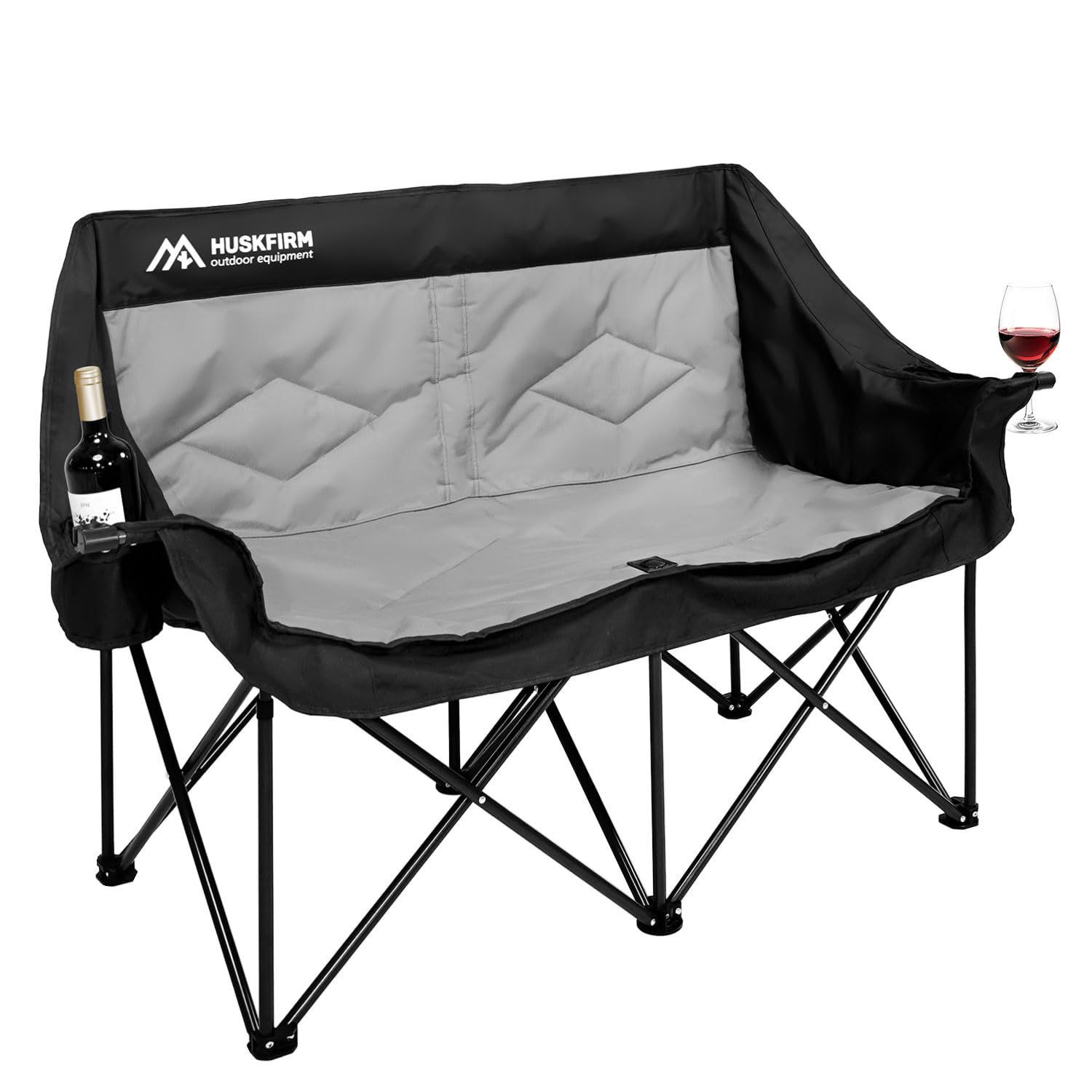 【特価】チェア チェア キャンプ屋外、キャンプ、芝生に適した黒のポータブルアウトドア 椅子耐荷重300KGカップホルダーと収納バッグ付きふたりがけ椅子 2人掛け折りたたみ椅子キャンプ キャンプ