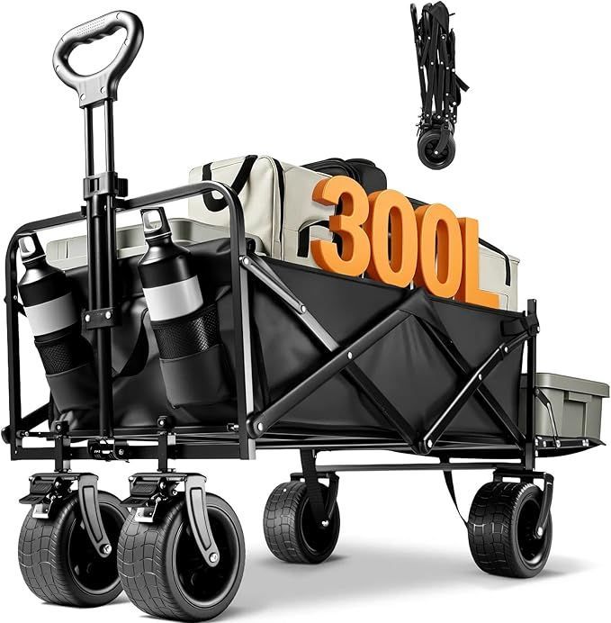 キャリーワゴン 【300L大容量 耐荷重250kg 長物対応 後部展開可】 キャリーカート ボトルポケット付き アウトドアワゴン キャンプ 折りたたみ ワンタッチ収束式 軽量 静音 キャンプ・引越し・BBQ・買い物・釣り・ゴミ出し・運動会 (ブラック300L)