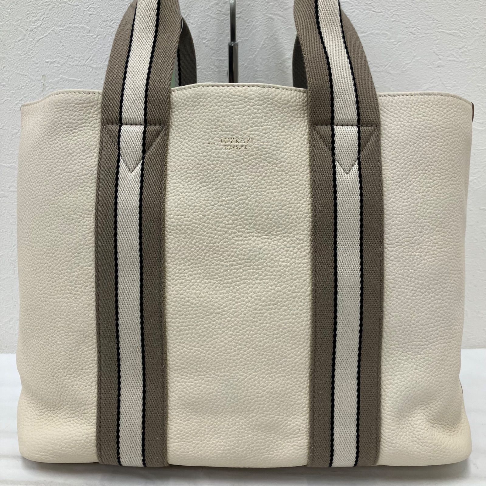 Y5213　TOPKAPI　トプカピ　ストライプハンドル　レザー　A4トートバッグ　トートバッグ　ハンドバッグ　オフホワイト　アイボリー　レディース　通勤　通学　仕事用バッグ　普段使い