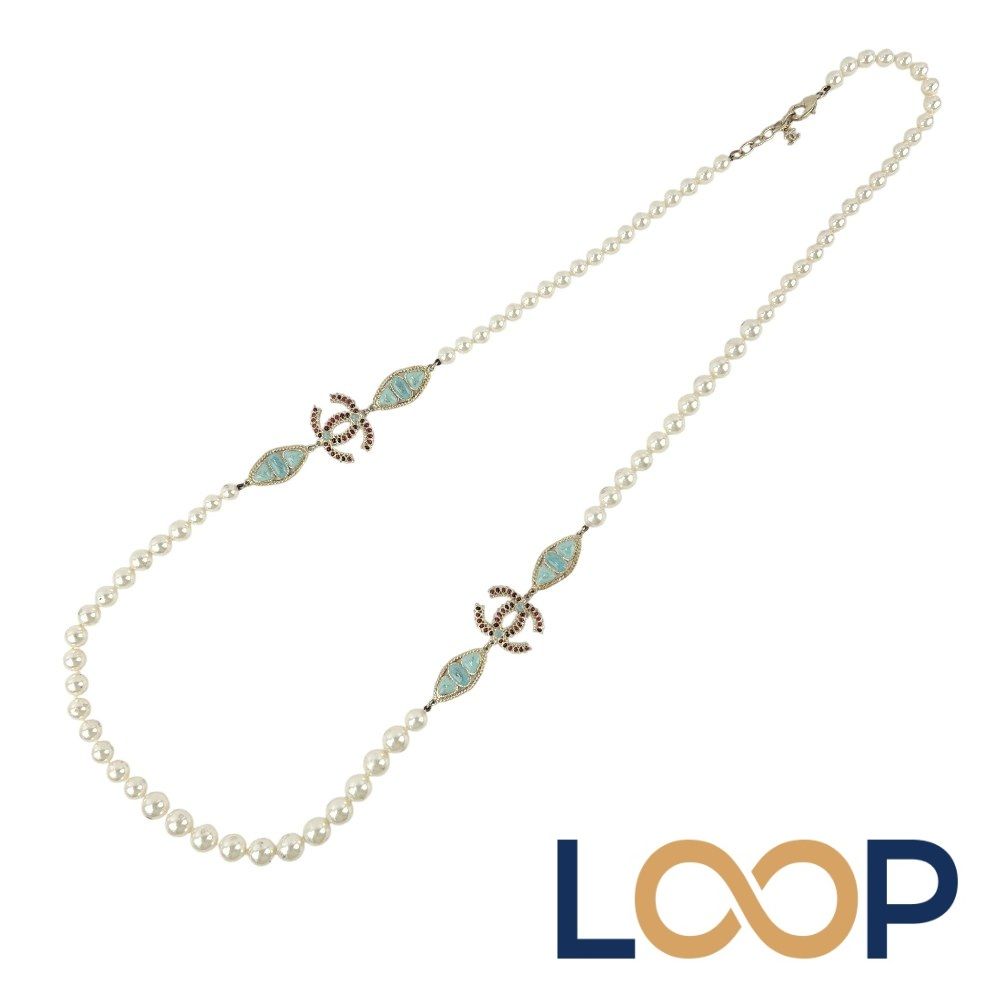シャネル ■中古■104cm■ ココマーク ロング ネックレス アクセサリー フェイクパール 色石 ホワイト ライトグリーン 箱 【680304】8