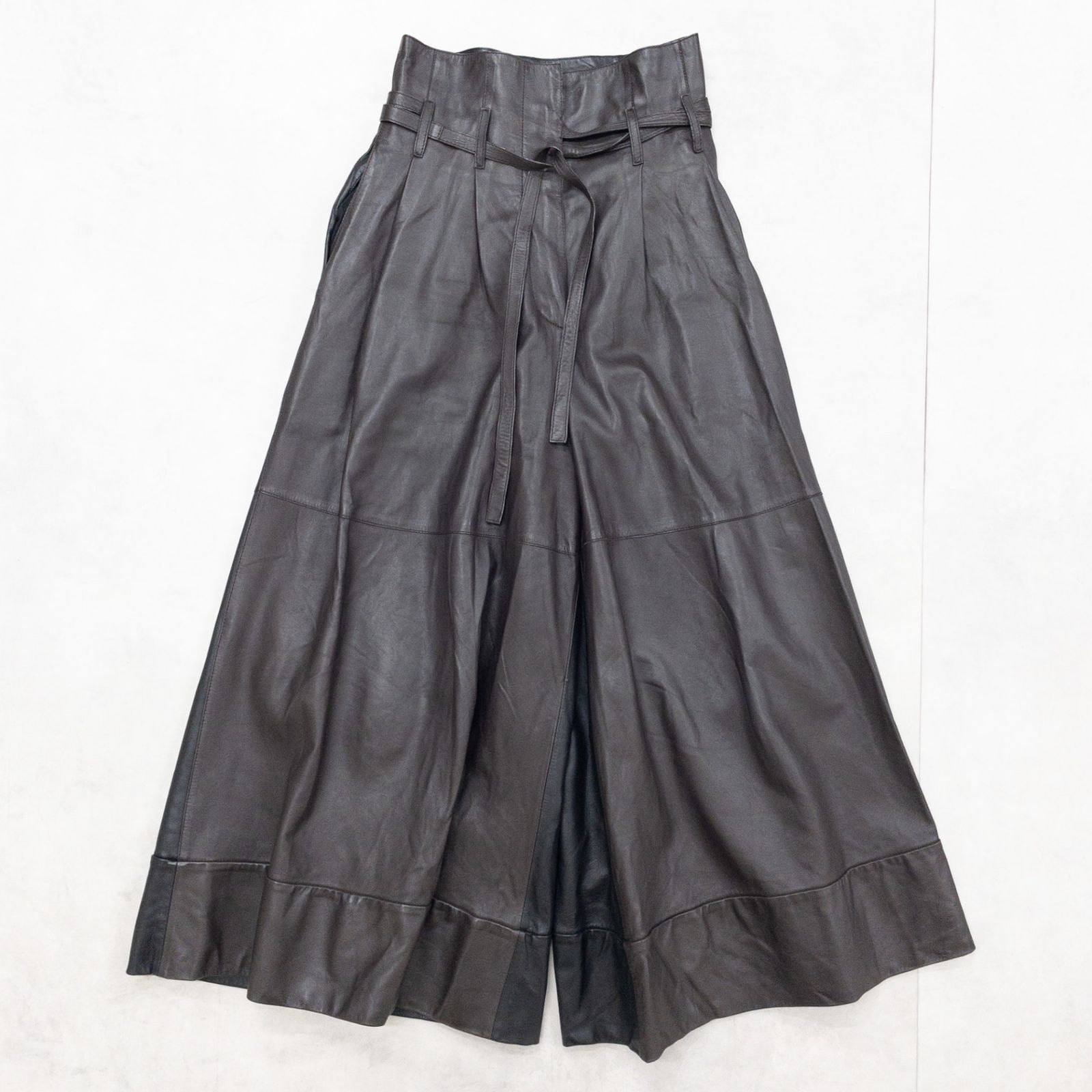 LOEWE ロエベ レザーパンツ ワイドパンツ バギー 切り替え ラムレザー スペイン製 ブラウン ブラック レディース 32 b01474