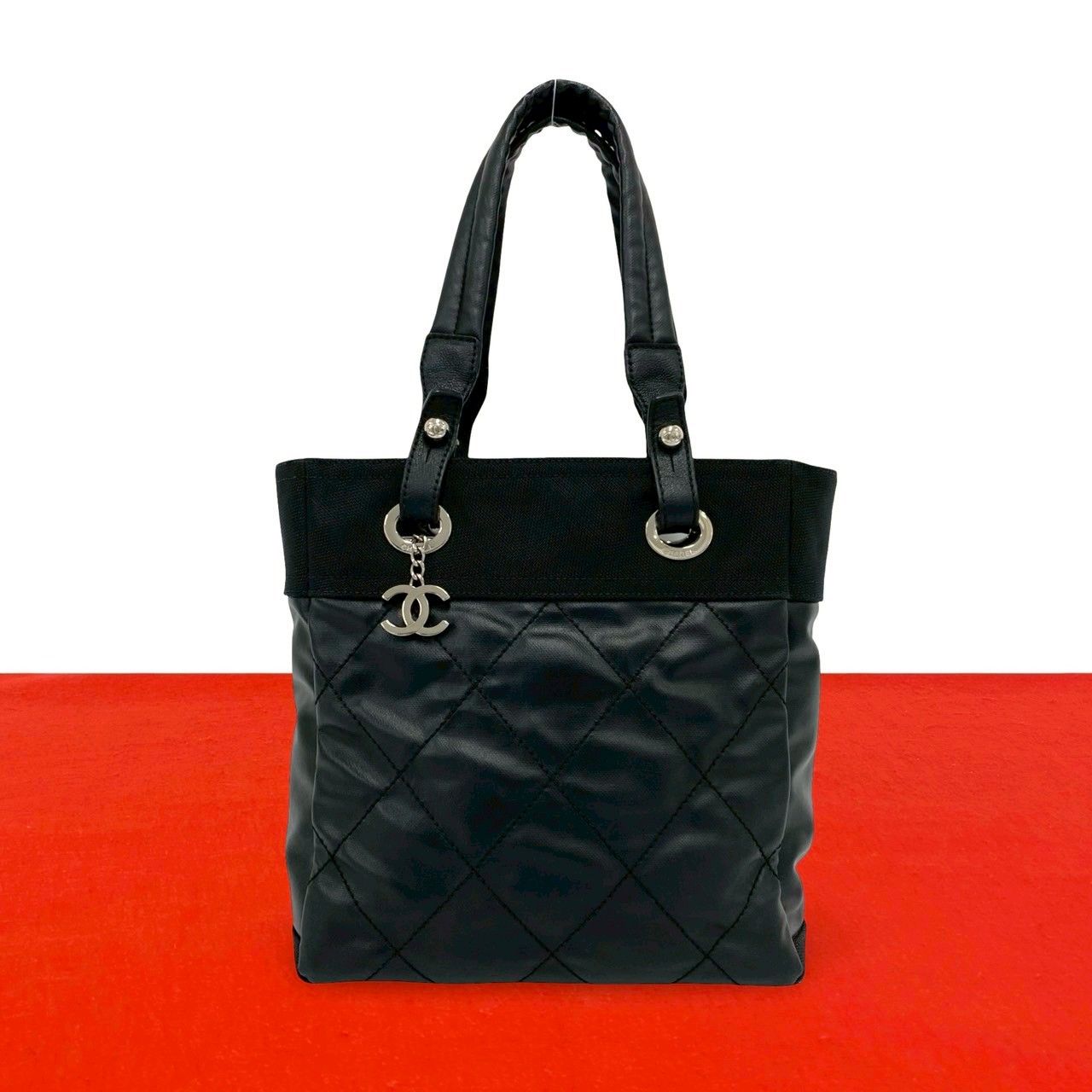 極 美品 シール有 17番台 CHANEL シャネル パリビアリッツ PM レザー 本革 キャンバス トートバッグ ハンドバッグ ブラック 黒 39873