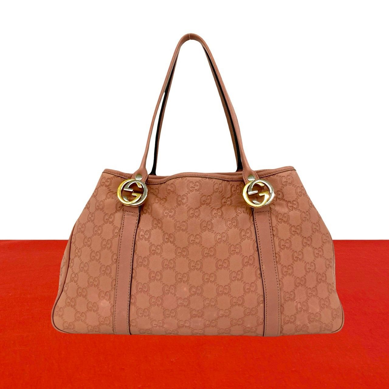 極 美品 GUCCI グッチ GGツインズ ロゴ金具 シマ 型押し レザー 本革