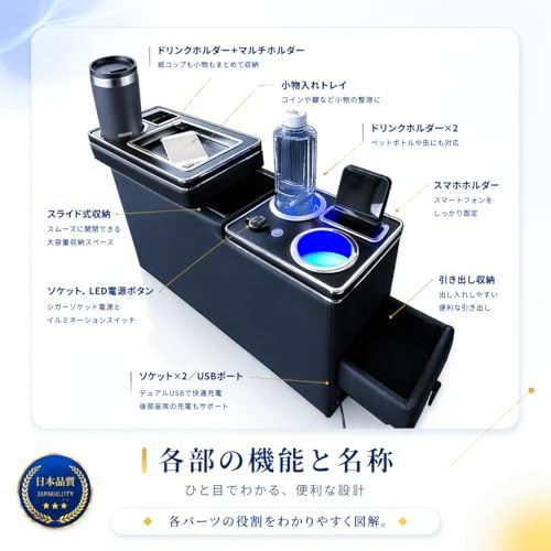 R☆コンソールボックス アームレスト USBポート LED付き 大容量収納