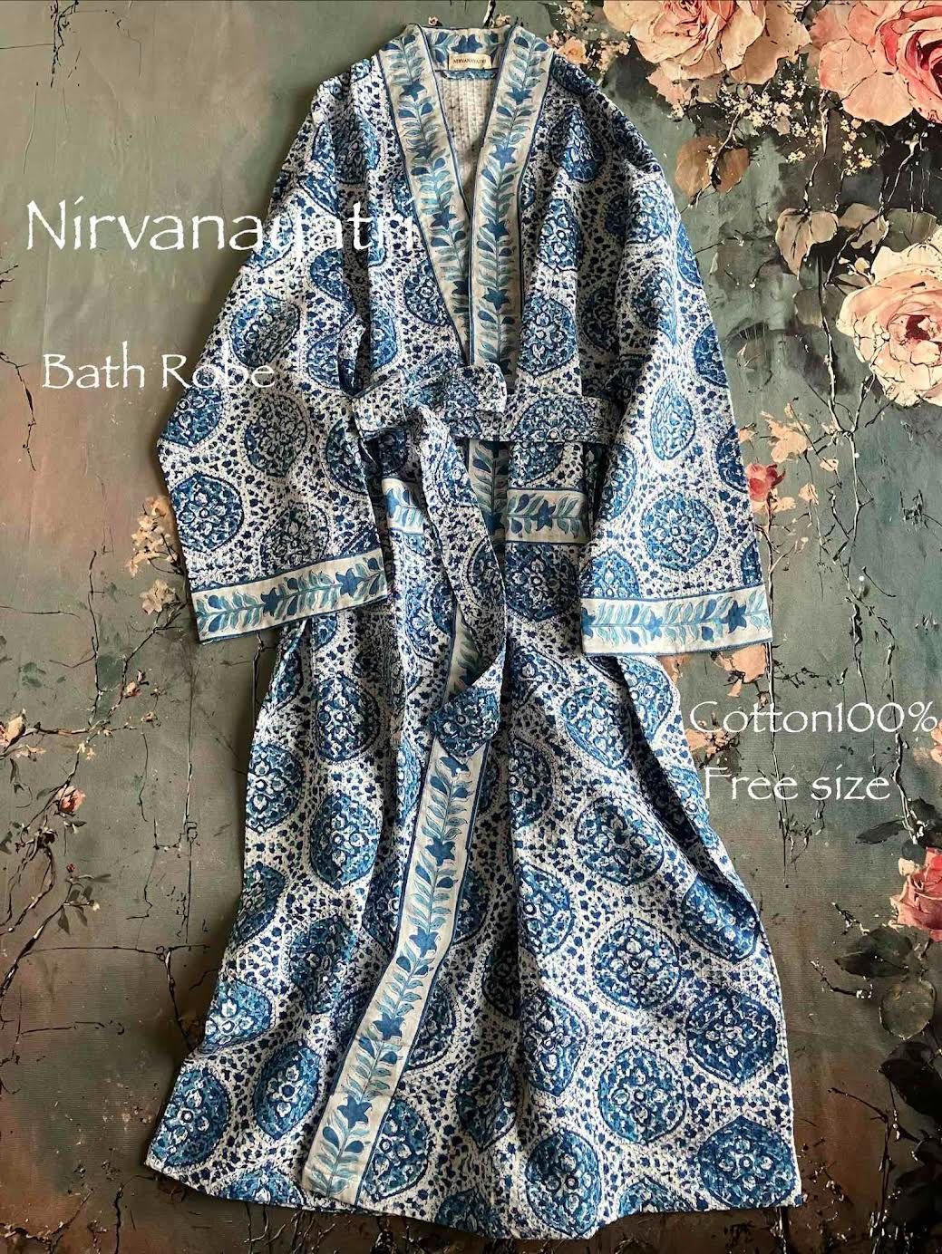 Nirvanayatri ハンドブロックプリント　ワッフルコットン　バスローブ　#1 BLUE