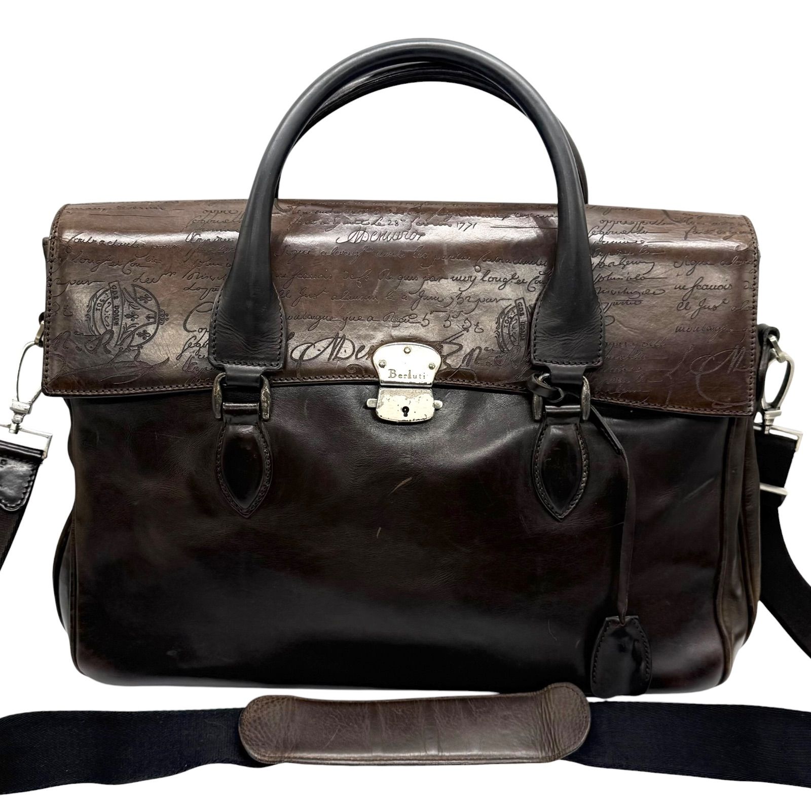 A4可　Berluti　ベルルッティ　エミーオ　2way　ビジネスバッグ　ブリーフケース　カリグラフィー　ショルダーバッグ　トートバッグ　ハンドバッグ　書類かばん　レザー　ブラウン　PCバッグ　Emio　メンズ　ハイブランド　鍵付き　5121