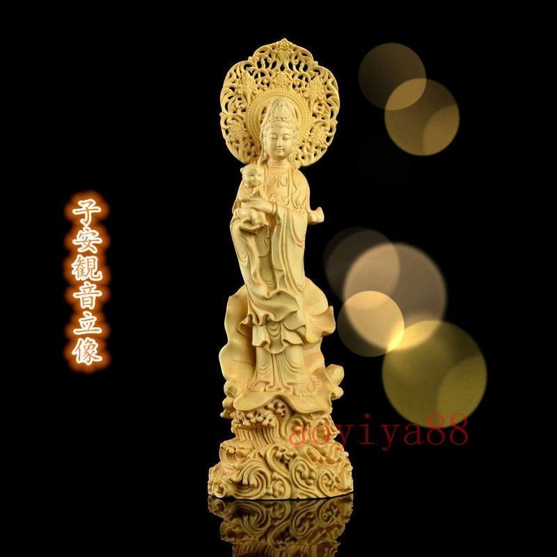 仏像立像 黄楊木彫り 置物 子安観音像 23CM 【縁起仏像：水子観音 彫刻仏像】仏壇仏像 置物木製彫刻 開運 厄除け 純手工彫刻 精密彫刻