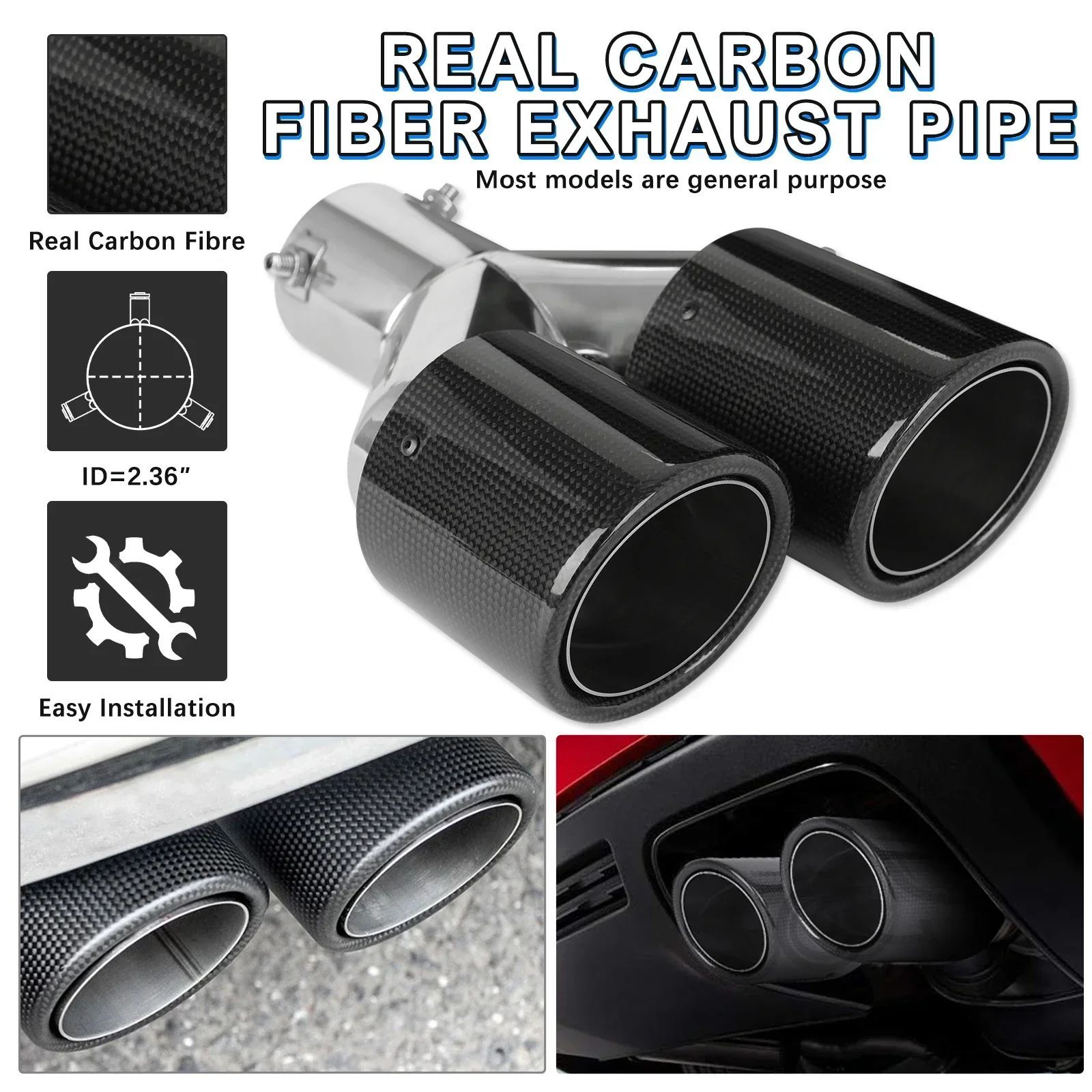 Y SHAPE CAR GLOSSY MUFFLER TIP DOUBLE EXIT EXHAUST PIPE MUFFLERS NOZZLE DECORATION CARBON FIBER