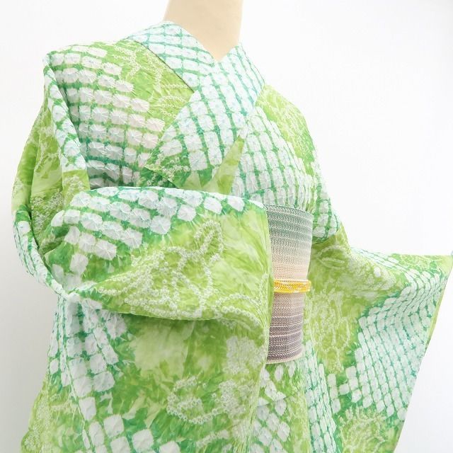 新品・浴衣】有松鳴海絞り 市松 お仕立て上がり品 夏着物 綿 仕付け糸