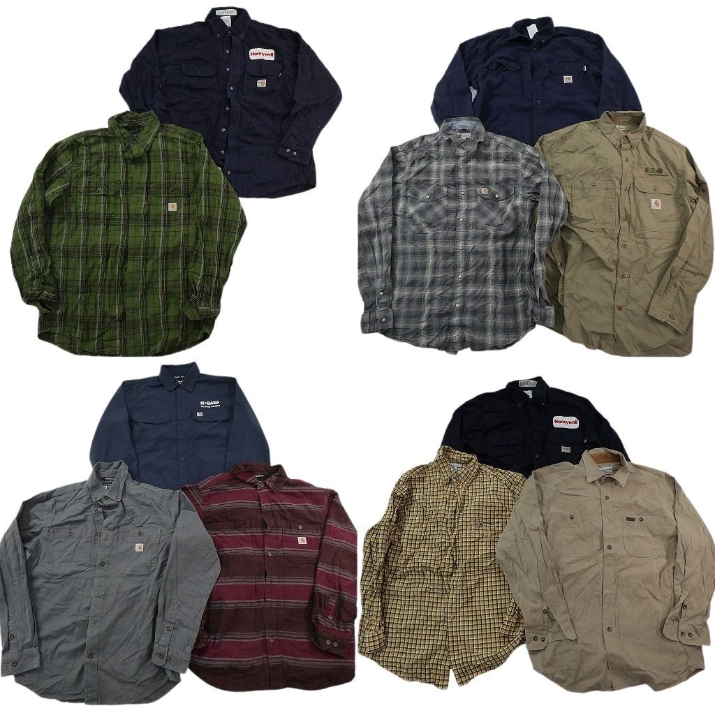 古着卸 まとめ売り Carhartt カーハート 長袖シャツ 11枚セット ( メンズ M ) ワーク ダブルフラップ チェック 中古 古着 NF3523