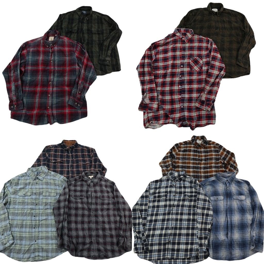 古着卸 まとめ売り フランネル ネルシャツ 長袖シャツ 10枚セット ( メンズ XL ) オンブレチェック ダブルフラップ 中古 古着 NF3528