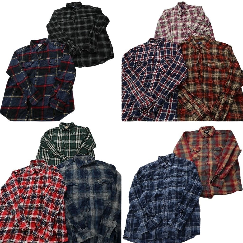 古着卸 まとめ売り フランネル ネルシャツ 長袖シャツ 10枚セット ( メンズ XL ) チェック ダブルフラップ 中古 古着 NF3562
