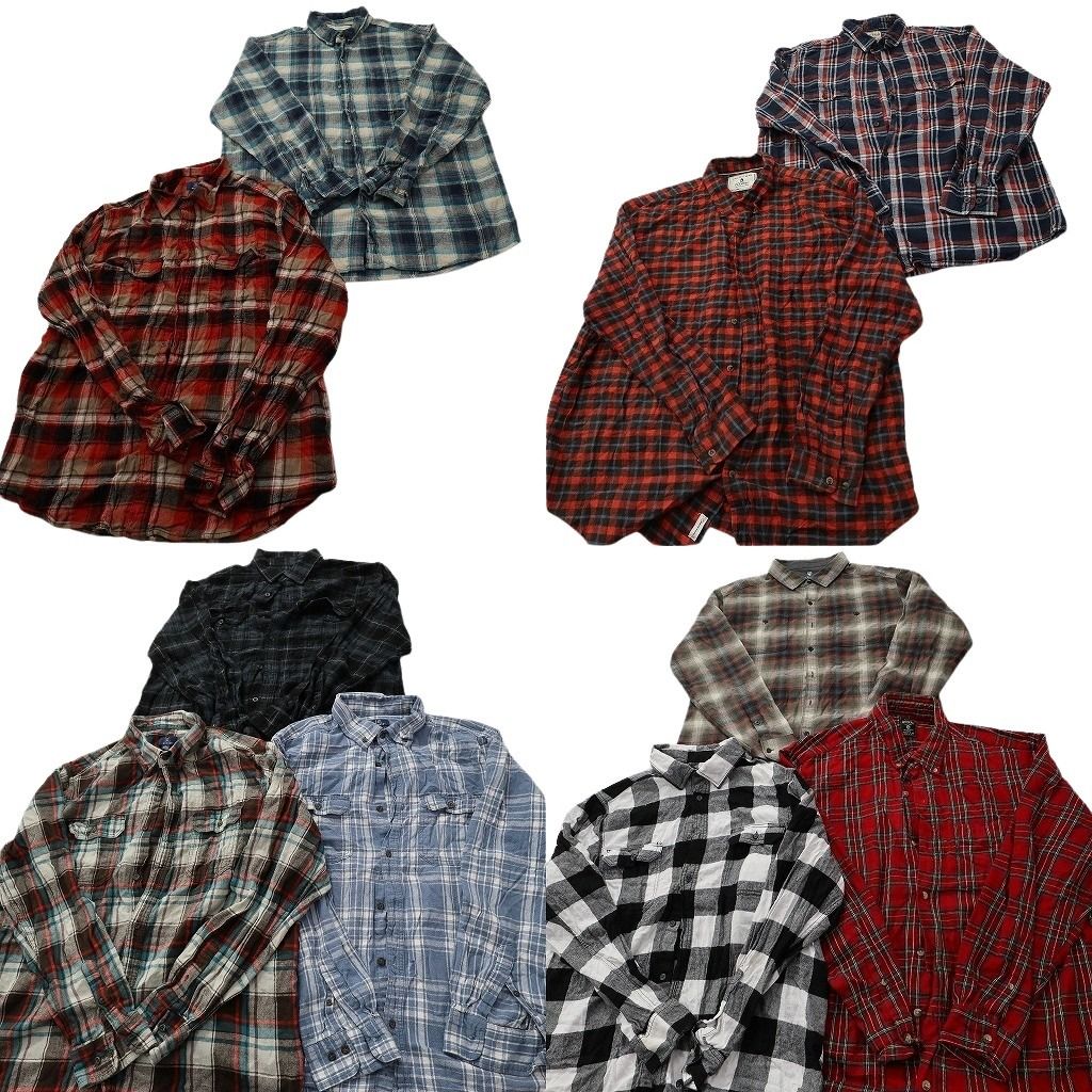 古着卸 まとめ売り フランネル ネルシャツ 長袖シャツ 10枚セット ( メンズ XL ) ダブルフラップ チェック 中古 古着 NF3563