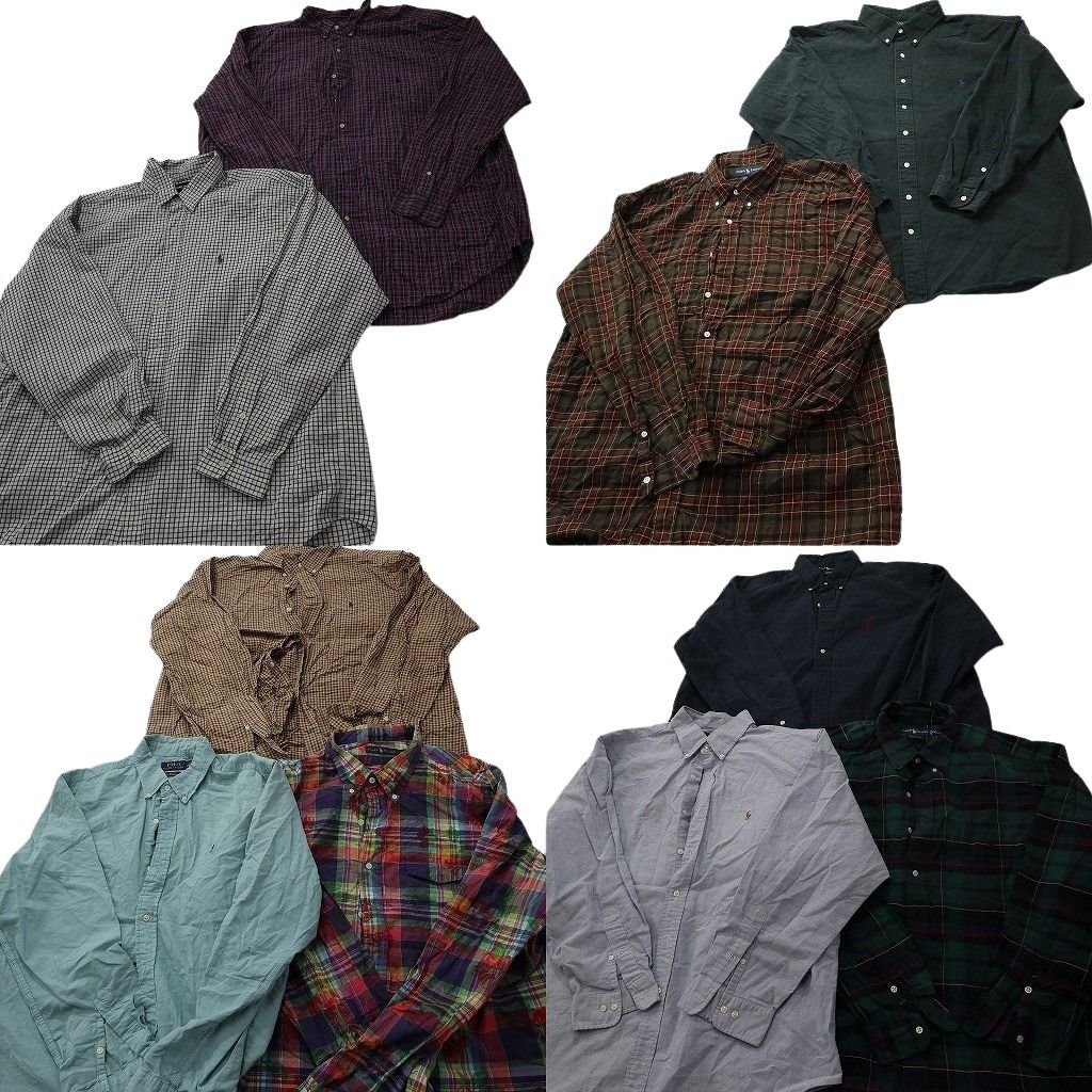 古着卸 まとめ売り Ralph Lauren ラルフローレン 長袖シャツ 10枚セット ( メンズ 2XL ) ボタンダウン チェック 中古 古着 NF3573