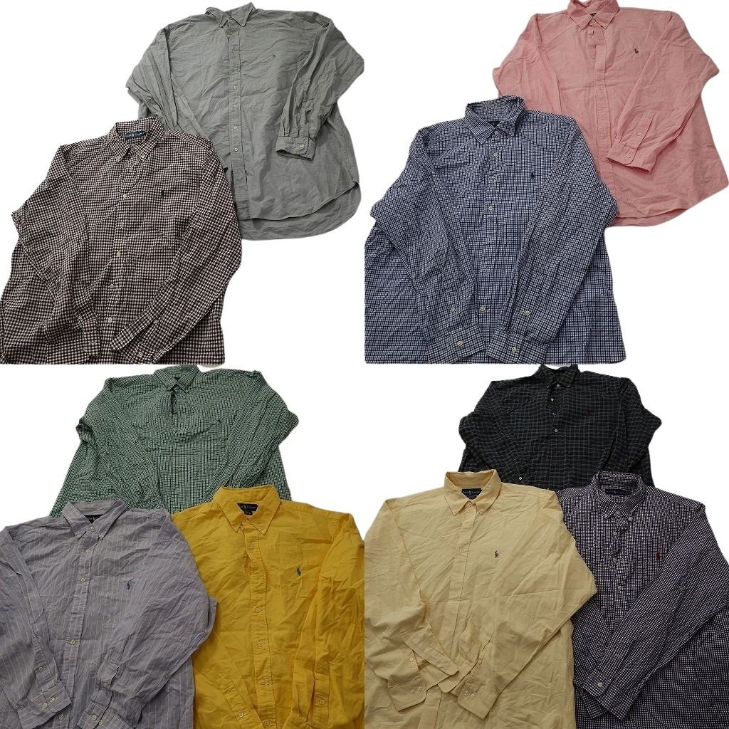 古着卸 まとめ売り Ralph Lauren ラルフローレン 長袖シャツ 10枚セット ( メンズ 2XL ) チェック ストライプ 中古 古着 NF3574