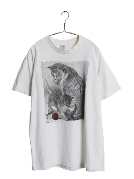 90s USA製 ネコ アート イラスト プリント 半袖 Tシャツ メンズ レディース L オールド アニマル グラフィック シングルステッチ ホワイト