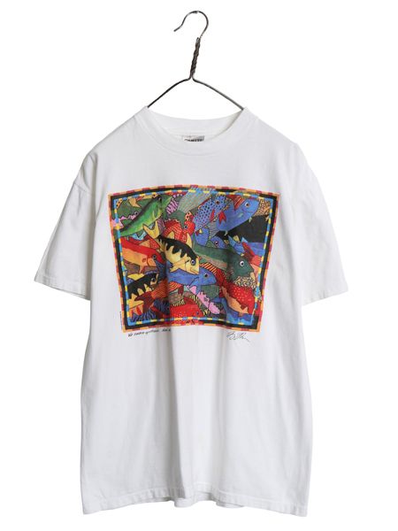 90s USA製 フィッシュ アート イラスト プリント Tシャツ メンズ レディース L / オールド シングルステッチ ヘビーウェイト ホワイト 魚 5,810円