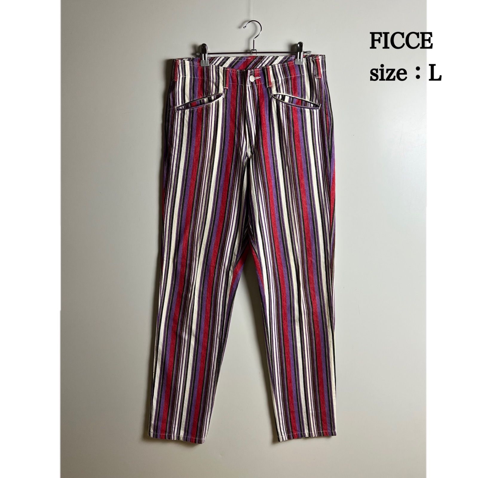 FICCE 80s rainbow cotton pants L フィッチェ カラフル ストライプ 