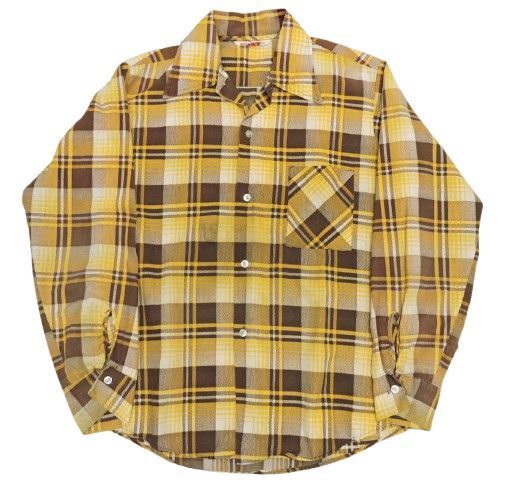 ▲★PERMANENT PRESS 70s オープンカラープリント チェックシャツ サイズ表記なし イエロー/ブラウン 長袖シャツ パーマネントプレス 古着 中古品(134)