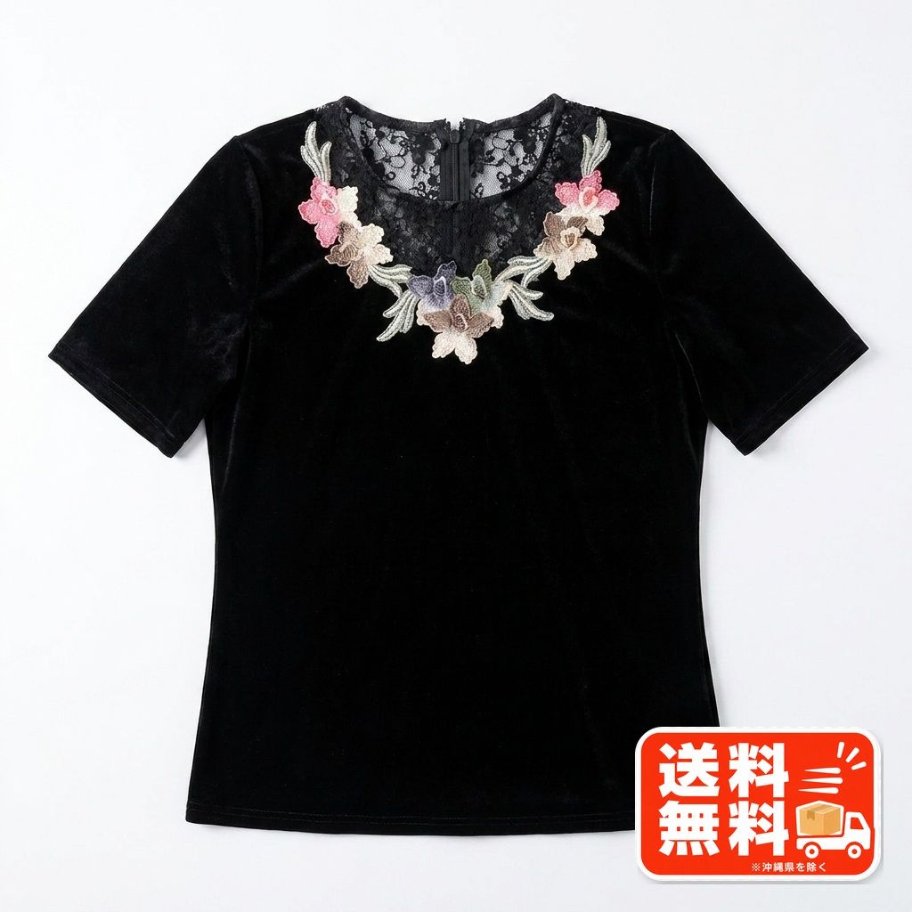 花柄刺繍 レース装飾 半袖 トップス ブラック エレガント インゲボルグ