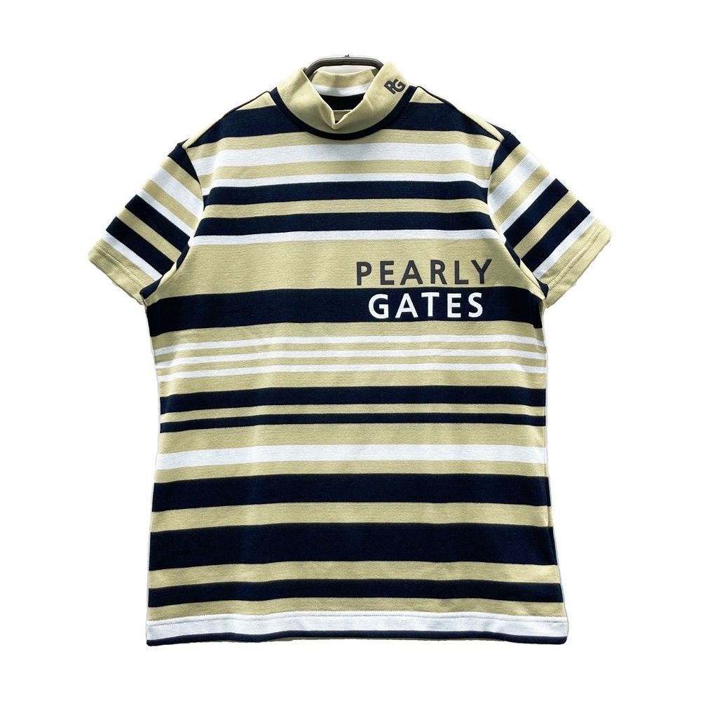 サイズ：2 PEARLY GATES パーリーゲイツ 2024年モデル ハイネック 半袖Tシャツ ロゴ ボーダー柄 ベージュ系 [240101716187] ゴルフウェア レディース ストスト