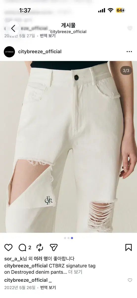 新品) シティーブリーズ デストロイ 白 パンツ S