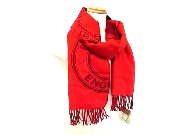 ■極美品■ BURBERRY バーバリー ウール100% フリンジ マフラー ストール ショール レディース メンズ レッド系 HA5367