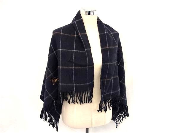 ■美品■ BURBERRY バーバリー ウール100％ フリンジ マフラー ストール 防寒具 メンズ レディース ネイビー系 BS5588