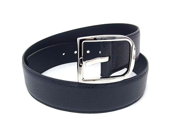 ■新品同様■ GUCCI グッチ 449716 レザー シルバー金具 ベルト 表記サイズ 85・34 メンズ ダークネイビー系 BU0329