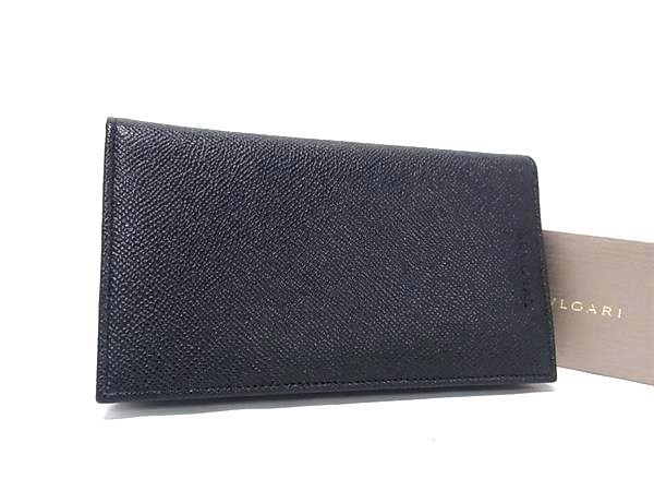 ■新品同様■ BVLGARI ブルガリ レザー 二つ折り 長財布 ウォレット 小銭入れ 札入れ カード入れ メンズ ブラック系 HA8001