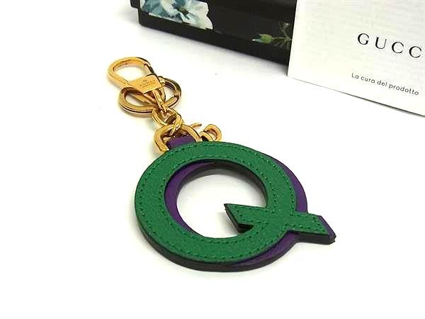 ■新品同様■ GUCCI グッチ GGマーモント GG柄 アルファベット Q レザー×PVC キーホルダー グリーン系×パープル系 GC1624