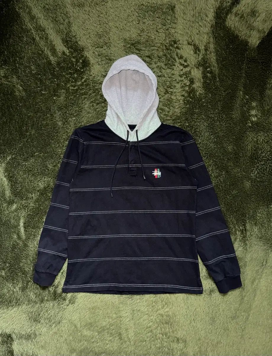 M STUSSY ステューシー コンサート コントラスト ヘビー ジャージ ストライプ フーディー ブラック