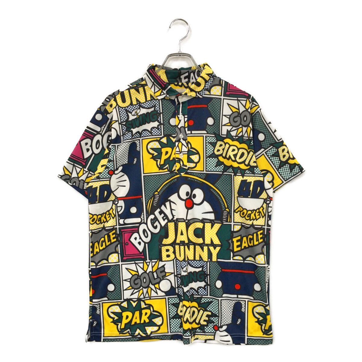 未使用品 メンズ ジャックバニー Jack Bunny!! 半袖ポロシャツ 6(LL) マルチカラー グリーン×イエロー ドラえもん コミック柄 総柄 未使用品