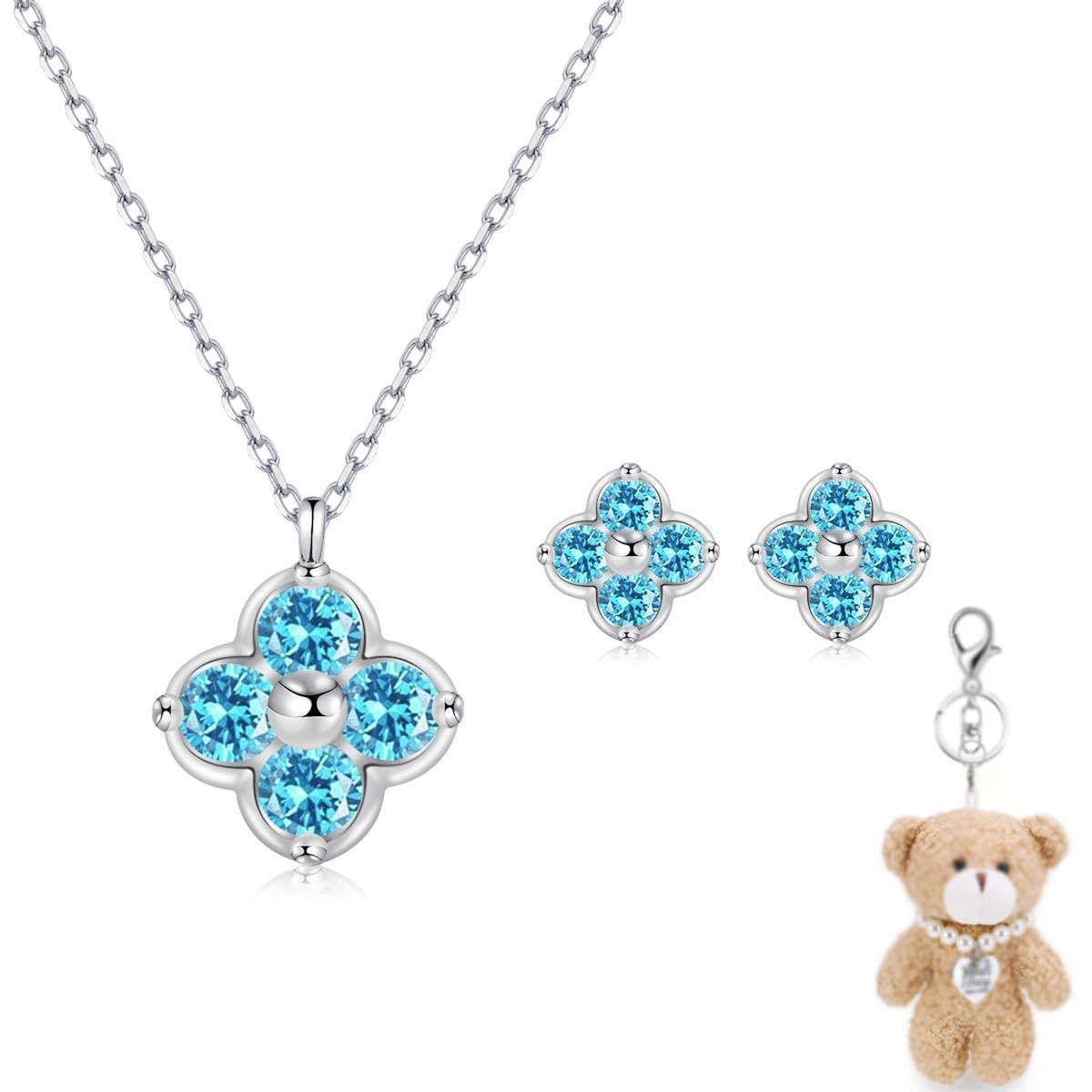 Aquamarine Earrings Necklace Set Four Leaf Clover “Good Luck” 925 Silver Metal Allergy Compatible Pendant March Birthstone Light Blue Birthday Gift Accessory